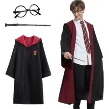Harry Potter Gryffindor Kapişonlu Çocuk Kostüm + Asa + Gözlük Seti 5-6 Yaş