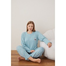 Calia Kadın Raporlu İnterlok Kumaş Büyük Beden Düğmeli Pijama Takımı MA