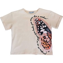 Kız Çocuk Büyük Kelebek Baskı ve Şifon Aksesuarlı Tshirt
