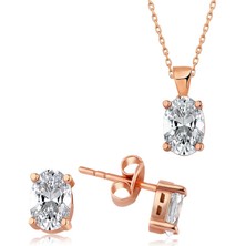 HS Demirci 925 Ayar Gümüş Rose Oval Taş İkili Set