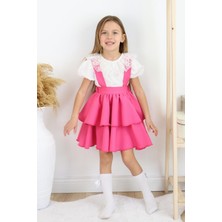 Parla Kids Kız Çocuk Helen Pembe Askılı Kat Kat Bağlama Jile Elbise Dantel Detay Ekru Kısa Kollu Bluz Takım TKM-0181.3