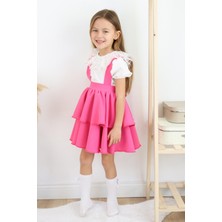 Parla Kids Kız Çocuk Helen Pembe Askılı Kat Kat Bağlama Jile Elbise Dantel Detay Ekru Kısa Kollu Bluz Takım TKM-0181.3