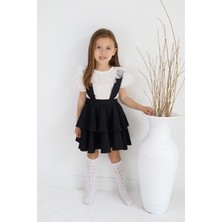 Parla Kids Kız Çocuk Helen Siyah Askılı Kat Kat Bağlama Jile Elbise Dantel Detay Ekru Kısa Kollu Bluz Takım TKM-0181.2