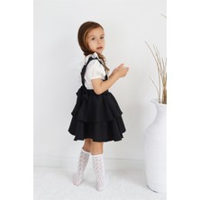 Parla Kids Kız Çocuk Helen Siyah Askılı Kat Kat Bağlama Jile Elbise Dantel Detay Ekru Kısa Kollu Bluz Takım TKM-0181.2