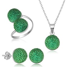 HS Demirci 925 Ayar Gümüş Yeşil Kristal Kadın Set