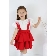 Parla Kids Kız Çocuk Helen Kırmızı Askılı Kat Kat Bağlama Jile Elbise Dantel Detay Ekru Kısa Kollu Bluz Takım TKM-0181.3
