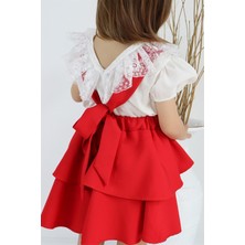 Parla Kids Kız Çocuk Helen Kırmızı Askılı Kat Kat Bağlama Jile Elbise Dantel Detay Ekru Kısa Kollu Bluz Takım TKM-0181.3