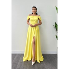 Saten Kumaş Büzgülü Askılı Abiye Elbise - Sarı