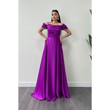 Saten Kumaş Büzgülü Askılı Abiye Elbise - Mor