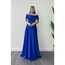 Saten Kumaş Büzgülü Askılı Abiye Elbise - Saks Mavi