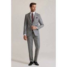 Erkek Gri Regular Fit Mono Yaka Kareli %100 Yün Takım Elbise