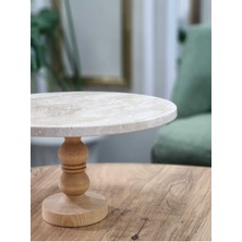 Malas Home Doğal traverten mermer sunumluk, ahşap ayaklı sunumluk, kek standı, pasta standı,