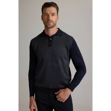 Erkek Lacivert Gri Polo Yaka Desenli Triko