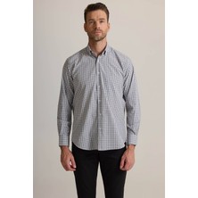 Erkek Gri Regular Fit Yaka Düğmeli Kare Desenli Pamuklu Gömlek