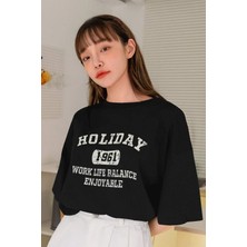 Kadın Holiday Baskılı Tasarım T-Shirt Oversize Salaş