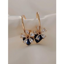 Eva Takı Store Çiçek Model Lacivert Taşlı Halka Gold Küpe
