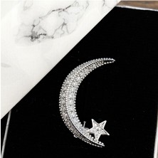 Kyver Broş Kadın Zirkon Taşlı Ay Yıldız Broş Yaka İğnesi Silver 2,5cm