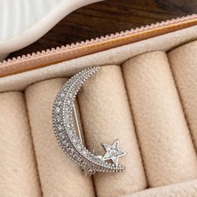 Kyver Broş Kadın Zirkon Taşlı Ay Yıldız Broş Yaka İğnesi Silver 2,5cm