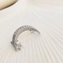 Kyver Broş Kadın Zirkon Taşlı Ay Yıldız Broş Yaka İğnesi Silver 2,5cm