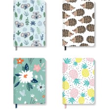 Hardcover 4'lü Çizgili (Koala+Kirpi+Çiçek+Ananas) Cool Series 13X21 cm Defter