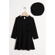 Bisiklet Yaka Fiyonk Detaylı Şapka Aksesuarlı Siyah Renk Kız Çocuk Elbise