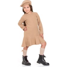 Bisiklet Yaka Fiyonk Detaylı Şapka Aksesuarlı Bej Renk Kız Çocuk Elbise