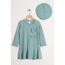 Bisiklet Yaka Fiyonk Detaylı Şapka Aksesuarlı Çağla Renk Kız Çocuk Elbise