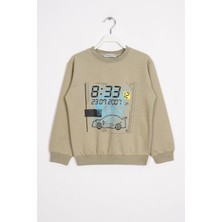 Bisiklet Yaka Araba Baskılı Haki Renk Erkek Çocuk Sweatshirt
