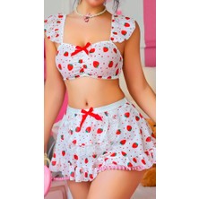 Albonishop Çilek Desenli Seksı Büstiyer ve Mini Etek