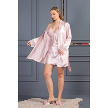 Lunoche Nightwear Kadın Güpür Detaylı Saten Çeyizlik Ikili Gecelik Sabahlık Takımı