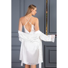 Lunoche Nightwear Kadın Güpür Detaylı Saten Çeyizlik Ikili Gecelik Sabahlık Takımı