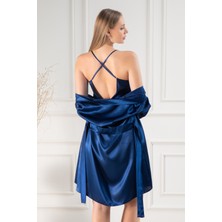 Lunoche Nightwear Kadın Güpür Detaylı Saten Çeyizlik Ikili Gecelik Sabahlık Takımı
