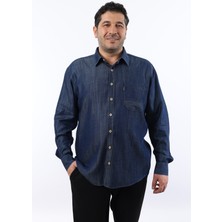 Tousus Büyük Beden Lacivert Kot Erkek Gömlek Uzun Kol Günlük Regular Fit Keten Efektli
