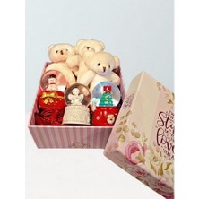 Home Dekor Hediye Sevgiliye Eşe Özel Günlere 3 Adet Işıklı Mini Küre ve Yavru Ayıcıklar Kare Kutu Içinde Hediye Seti