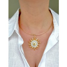 Markazit Taşlı Güneş Halka Kolye- Beyaz