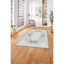 Napoli Home  Baskılı Klasik Çerçeveli Çiçek Model Yıkanabilir Kaymaz Yolluk Mutfak Salon Halısı, Klasik-35-Gri,