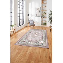 Napoli Home  Baskılı Klasik Çerçeve Çiçek Desenli Yıkanabilir Kaymaz Yolluk Mutfak Salon Halısı, Klasik-53-Pembe,