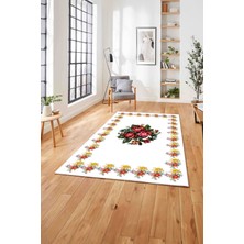 Napoli Home  Klasik Gül Motifli Dekoratif Yıkanabilir Kaymaz Yolluk Mutfak Salon Halısı, Klasik-74-Beyaz,