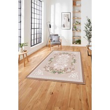 Napoli Home  Baskılı Klasik Çerçeveli Çiçek Model Yıkanabilir Kaymaz Yolluk Mutfak Salon Halısı, Klasik-35-Kahve,