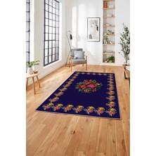 Napoli Home  Klasik Gül Motifli Dekoratif Yıkanabilir Kaymaz Yolluk Mutfak Salon Halısı, Klasik-74-Lacivert,