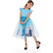 Elsa Tüllü Fiyonklu Parti Doğum Günü Elbisesi Frozen Karlar Ülkesi Elbisesi