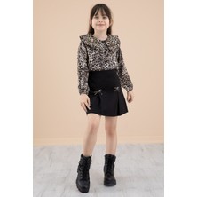 Cansın Mini Leopar Desenli Bluzlu Fiyonklu Etekli Kız Çocuk Takım 20338