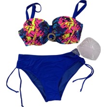 Kadın Saks Mavi Renk Desenli Toka Detaylı  Astarlı Bikini Takım HZL25S-LC3322