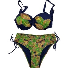 Kadın Lacivert Yaprak Desenli Taş Işlemeli Astarlı Bikini Takım HZL25S-LC3305