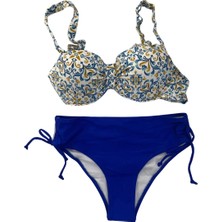 Kadın Mavi Beyaz Desenli Taş Işlemeli  Astarlı Bikini Takım HZL25S-LC3309