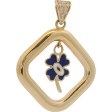 Zirkon Taş ve Mine Detaylı Kare Içi Yoncalı Şık Yeşil Altın Brolog Kolye Ucu