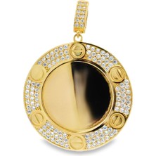 Zirkon Taş Klips ve Çerçeveli Yuvarlak Plaka Şık Yeşil Altın Brolog Kolye Ucu