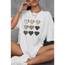 Kadın Kalp Baskılı T-Shirt Oversize Salaş