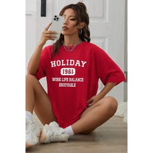 Kadın Holiday Baskılı Tasarım T-Shirt Oversize Salaş