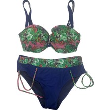 Kadın Yeşil Çiçek Desenli Büyük Beden Astarlı Lacivert Bikini Takım HZL25S-LC3301